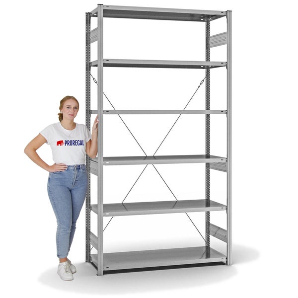PROREGAL Fachbodenregal Stecksystem T-Profil Medium-Duty Grundregal HxBxT 250 x 130 x 50 cm 6 Ebenen Fachlast 230 kg Einseitig Nutzbar Verzinkt