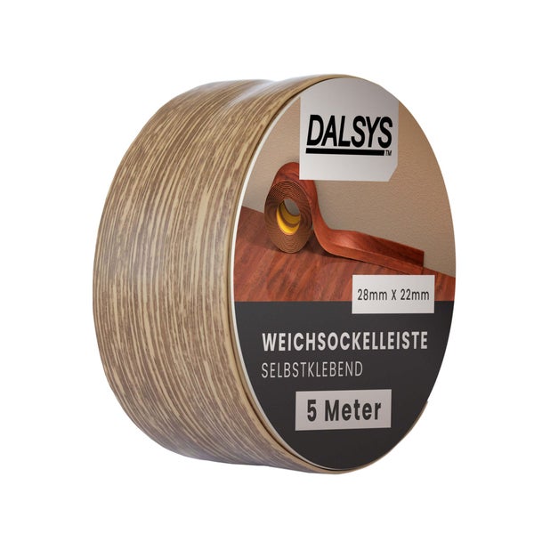 Dalsys Weichsockelleiste selbstklebend in Holzoptik, 28 mal 22 Millimeter, 5 Meter Rolle.