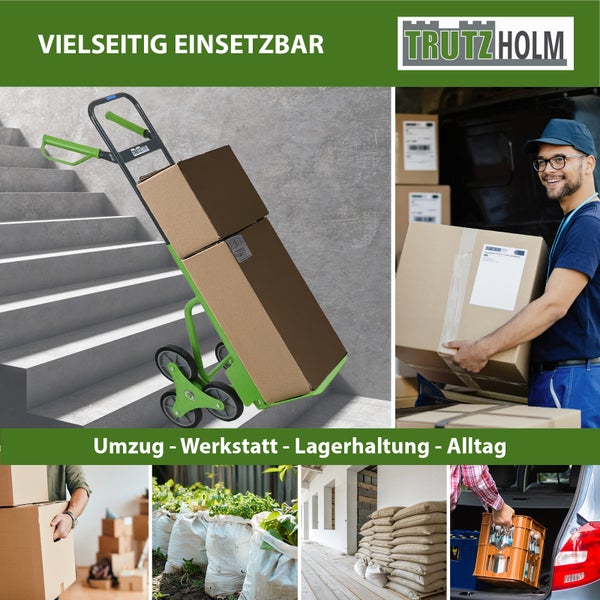 Trutzholm Treppenkarre zum Transport von Kartons und schweren Lasten in Umzug, Werkstatt und Alltag mit verschiedenen Anwendungsszenarien.