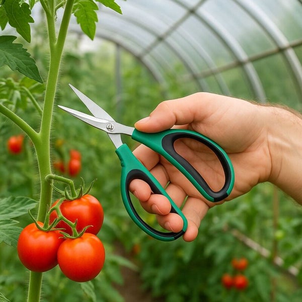 Eine Person schneidet mit einer Gartenschere Tomaten an einer Tomatenpflanze ab.