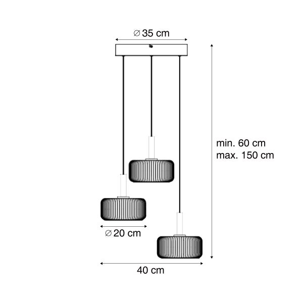 Technische Zeichnung einer dreiflammigen Pendelleuchte mit Maßangaben für Durchmesser und variable Abhänghöhe von 60 bis 150 Zentimeter.