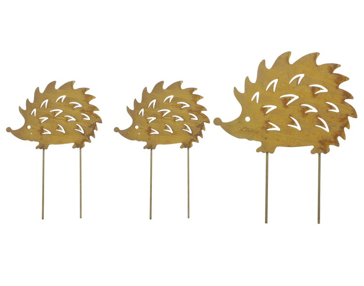 FRANK FLECHTWAREN | Gartenstecker Igel, 3er Set, METALL, H: 10 cm, H: 15 cm