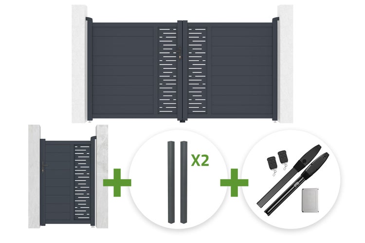 Einfahrtstor-Set mit Doppelflügeltor, Gartentor, zwei Pfosten und elektrischem Drehtorantrieb inklusive Fernbedienungen.