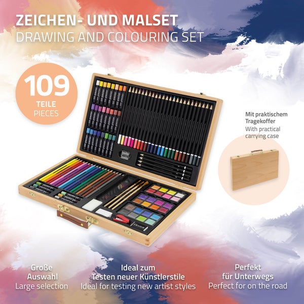 ECD Germany 109-Teiliges Malset mit Holzkoffer, Zeichen- und Malkoffer für Kinder, Malkasten, Kunst- und Zeichenset, Farbstifte, Wasserfarben, Ölpastellkreiden und viel Zubehör, Zeichnen Künstler Set
