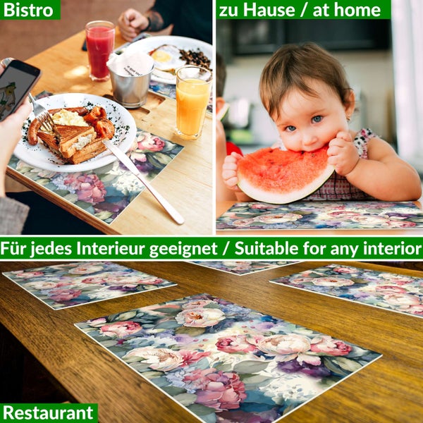 Tischsets mit floralem Blumenmuster für Bistro, zu Hause und Restaurant auf Holztischen.