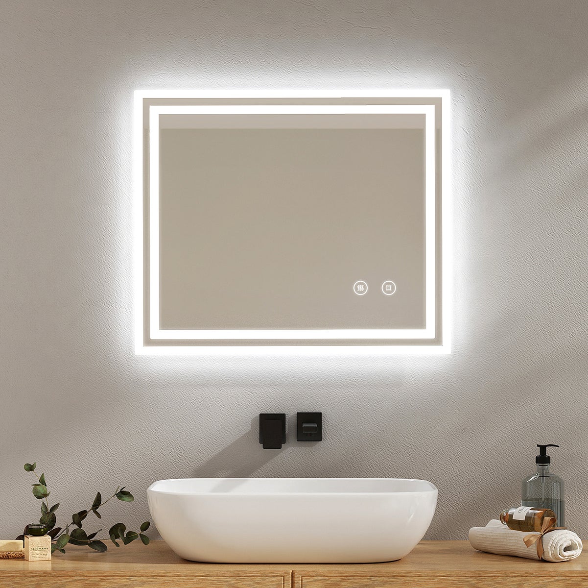 EMKE Badspiegel mit Touch 6500K LED-Beleuchtung eckig, Beschlagfrei, Helligkeit Einstellbar, Memory-Funktion, Horizontal&Vertical 60 x 50 cm