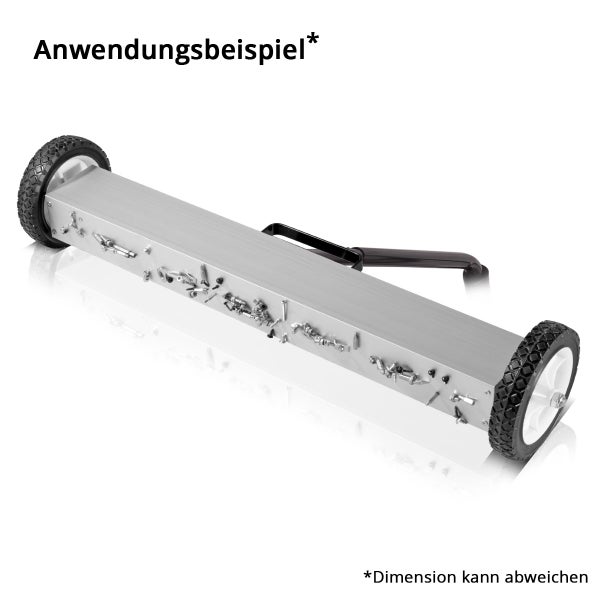 Magnetbesen auf Rädern mit an der Magnetschiene haftenden Kleinteilen wie Schrauben und Nägeln.