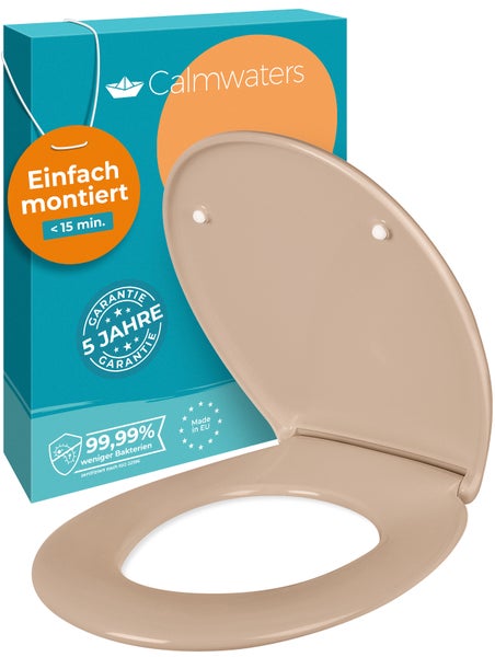 Calmwaters® WC Sitz Original einfache Montage, Premium Toilettendeckel bis 250 kg, Made in EU, antibakterieller Duroplast, Absenkautomatik, 2 Montage Optionen, abnehmbar, Klobrille, oval, Beige-Bahamabeige