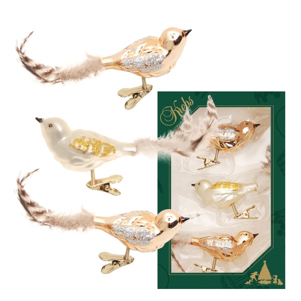 Glasvögel mit Feder und Clip, 4er-Set in Verpackung