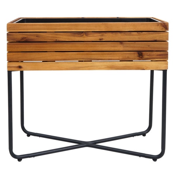 Hochbeet aus Holzlamellen mit schwarzem Metallgestell und Kunststoffeinsatz.