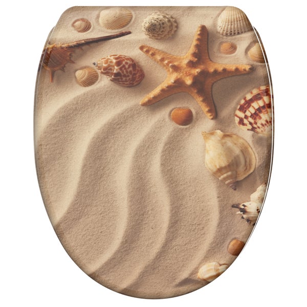Toilettensitz mit Strandmotiv, gewelltem Sand, verschiedenen Muscheln und einem Seestern