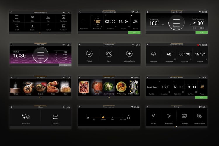 Digitale Bedienoberfläche eines Backofens mit verschiedenen Menüansichten für Kochfunktionen, Parametereinstellungen und Rezepte.