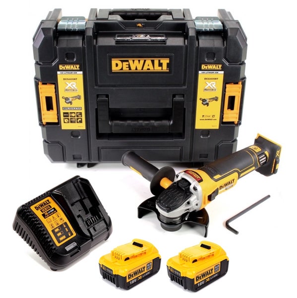 DeWalt 18V Akku-Winkelschleifer Set mit TSTAK Koffer, zwei 4,0 Ah Akkus, Ladegerät und Zusatzhandgriff