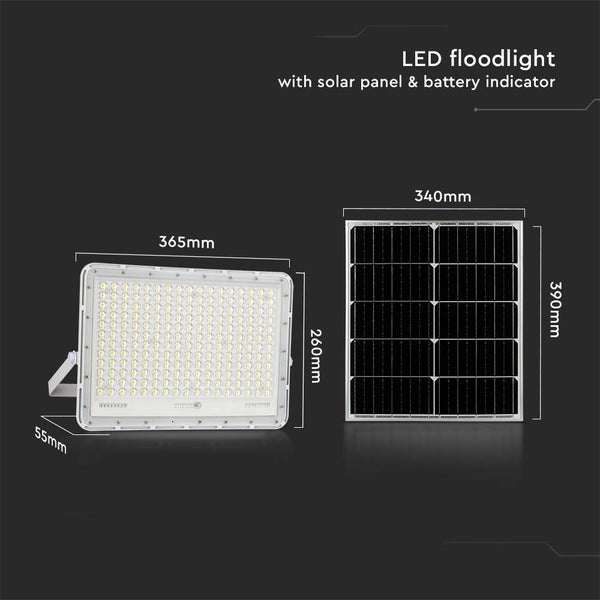 LED-Flutlicht mit Solarpanel und Batterieanzeige mit Abmessungsangaben
