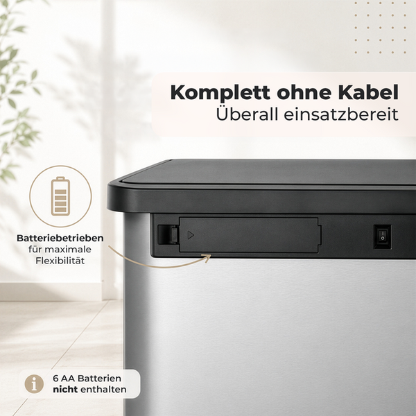 Kabelloser, batteriebetriebener Mülleimer mit Batteriefach und Ein-Aus-Schalter an der Rückseite.