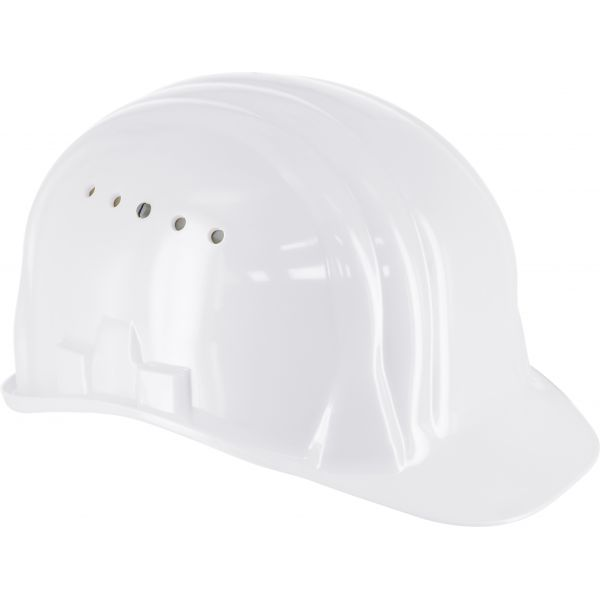 Weißer Schutzhelm als Kopfschutz für den Arbeitseinsatz auf der Baustelle