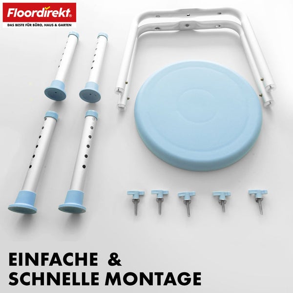 Einzelteile eines Duschhockers aus Metall und Kunststoff