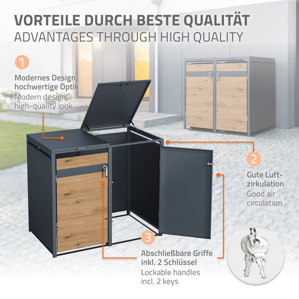 ML-Design Mülltonnenbox 2er 2 Tonnen 240L 132x80x116,3cm Anthrazit-Eichenoptik, Stahl, wetterfest/abschließbar Mülltonnenverkleidung Klappdeckel/2 Türen, Müllbox Mülltonnecontainer Mülltonnenabdeckung