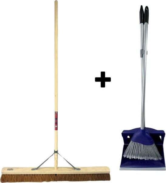 Set bestehend aus einem Straßenbesen mit Holzstiel und einem Kehrset mit Langstielschaufel und Besen.