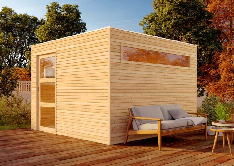 Alpholz Gerätehaus QBS (optional mit Schleppdach Gartenhaus aus Holz in Grün, Holzhaus mit 28 mm Wandstärke, Blockbohlenhaus mit Montagematerial imprägniert 3x3m