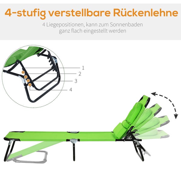 Grüne Sonnenliege mit schwarzem Gestell und einer in 4 Stufen verstellbaren Rückenlehne inklusive flacher Liegeposition.