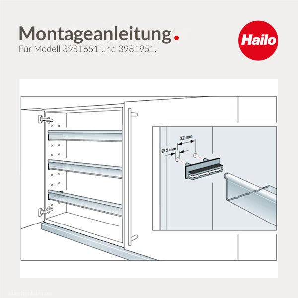 Montageanleitung für Hailo Abfallsysteme Modelle 3981651 und 3981951 mit Zeichnung zur Befestigung der Schienen im Küchenschrank.