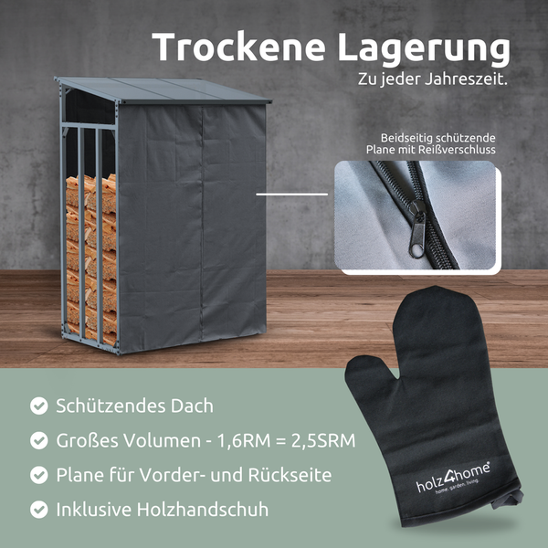 holz4home Kaminholzregal L Metall für Außen 1,6mÂ³ 2,5SRM Anthrazit inkl. Ofenhandschuh
