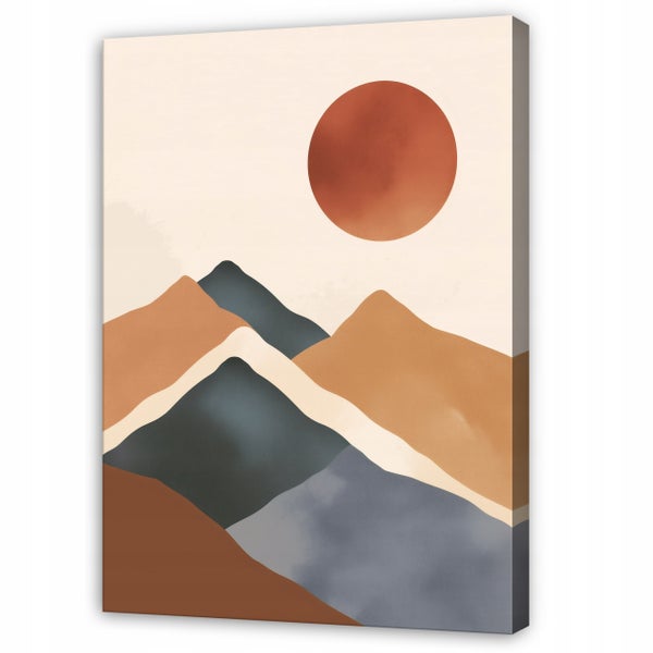 Abstraktes Wandbild auf Leinwand mit einer stilisierten Berglandschaft und Sonne im modernen Design.