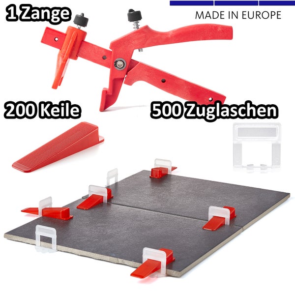 BigDean 500 Laschen 2mm, 200 Keile & 1 Zange - Fliesen Nivelliersystem - Frei wählbar - Riesen Auswahl an Fliesenkeilen & Zuglaschen - Verlegehilfe Fliesenleger Set - Made in Europe