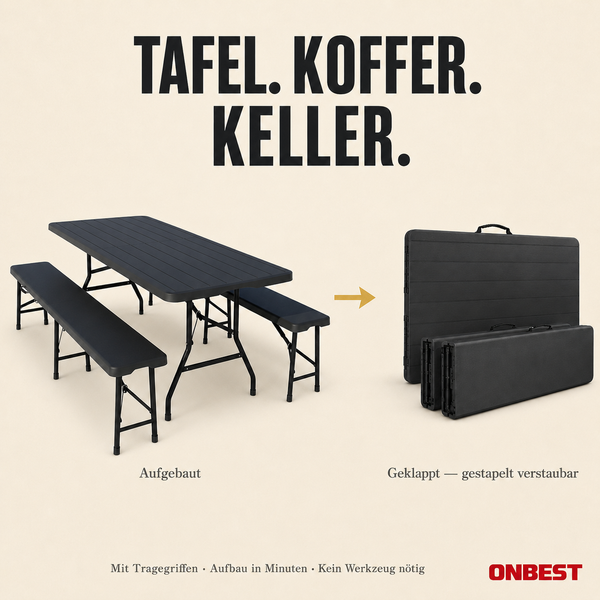 ONBEST Logo. Klappbare Bierzeltgarnitur mit Tragegriffen, bestehend aus Tisch und zwei Bänken, im aufgebauten und zusammengeklappten Zustand.