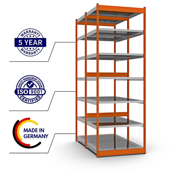 PROREGAL Fachbodenregal Stecksystem Vierkant-Profil Grundregal HxBxT 300 x 102,5 x 80 cm 2x7 Ebenen Doppelseitige Bauart Fachlast 200 kg Orange