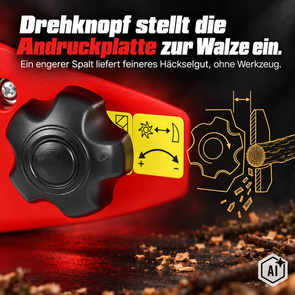 Drehknopf zur werkzeuglosen Einstellung der Andruckplatte an der Walze eines Gartenhäckslers mit schematischer Darstellung der Funktion.