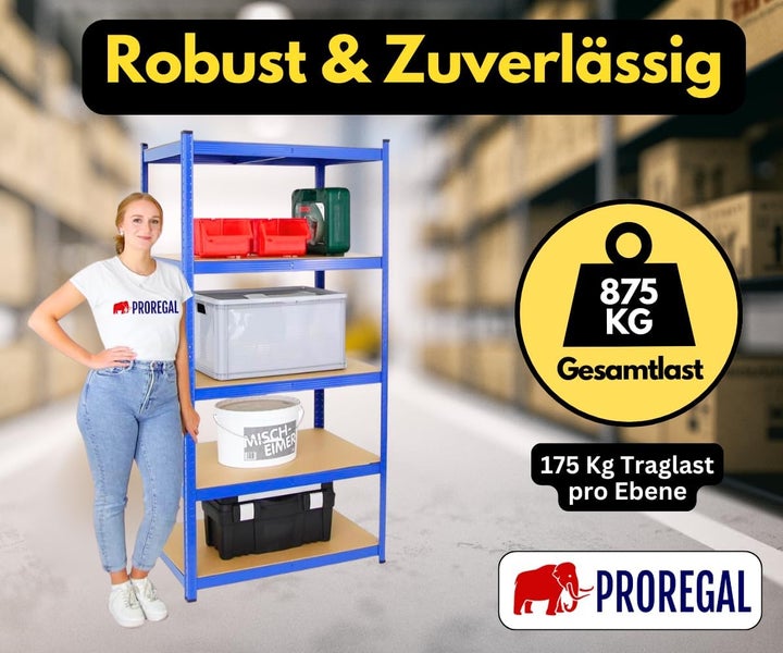 Schwerlastregal aus Metall in Blau mit fünf Ebenen, Gesamttraglast 875 Kilogramm, 175 Kilogramm pro Ebene, Proregal Logo.