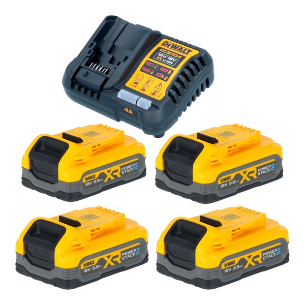 DeWALT Akku-Set mit vier 18 Volt 3,5 Amperestunden Powerstack Akkus und einem Schnellladegerät DCB1104.