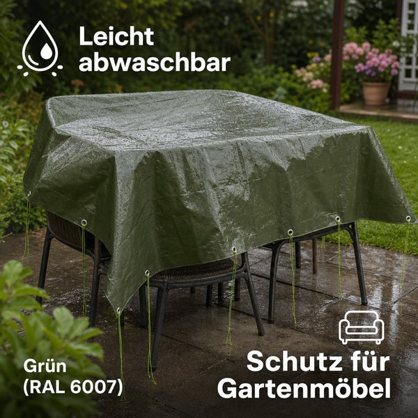 Wetterfeste Abdeckplane zum Schutz von Gartenmöbeln vor Nässe und Schmutz, leicht abwaschbar.