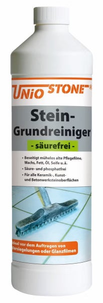 UNIO STONE Stein-Grundreiniger säurefrei in weißer Flasche zur Reinigung von Keramik-, Kunststoff- und Betonwerkstein.