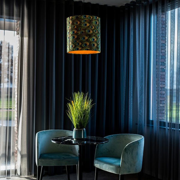 Velour Lampenschirm Pfau Design 40/40/40 mit goldenem Interieur