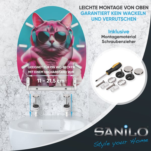 WC Sitz mit Katzenmotiv inklusives Montageset zur Montage von oben und verstellbarem Scharnierabstand von 11 bis 21,5 Zentimeter von Sanilo.