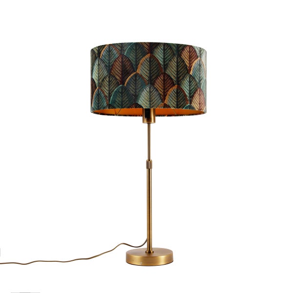 Tischleuchte mit Blattmuster auf dem Lampenschirm und verstellbarem, goldenfarbenem Lampenfuß