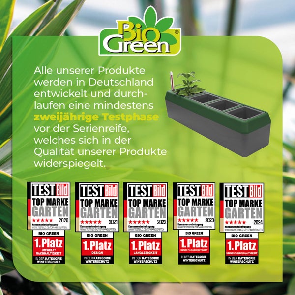 Bio Green Logo mit Informationen zur Produktentwicklung in Deutschland und Test Bild Auszeichnungen Top Marke Garten von 2020 bis 2024.