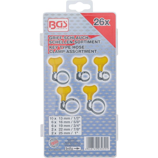 BGS Technic Griff-Schlauchschellen-Sortiment, 26 Teile, Metall-Schlauchklemmen mit gelbem Kunststoff-Flügelgriff in Größen von 13 bis 25 Millimeter.
