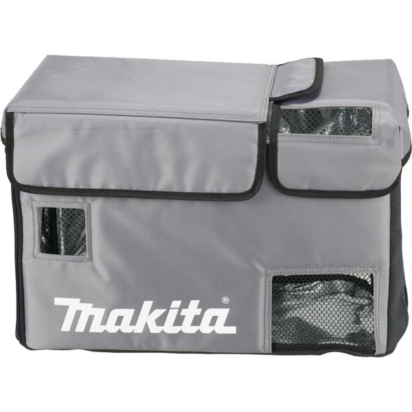 Makita Kühltaschen-Schutzhülle aus grauem Stoff mit schwarzem Saum, Reißverschluss und Makita Logo.