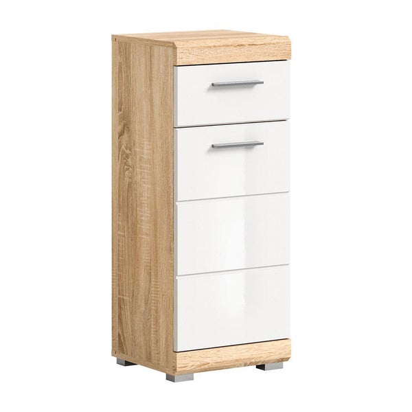 Lambada Badschrank 1 Tür, 1 Schublade Hochglanz weiß,Eiche dekor. 37 X 31 X 88 cm