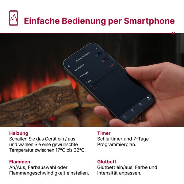 Hand bedient Smartphone-App zur Steuerung eines elektrischen Kamins. Einstellungen für Heizung von 17 bis 32 Grad, Timer, Flammen und Glutbett.