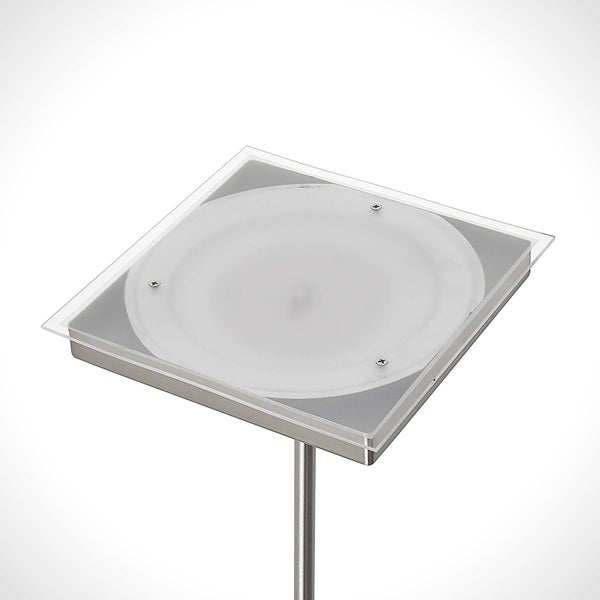 Quadratischer Lampenkopf aus Metall und Glas mit einer runden weißen Diffusorscheibe.