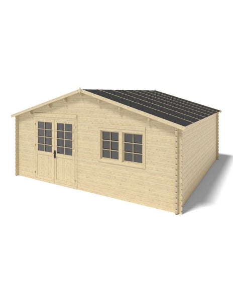 Gartenhaus aus naturbelassenem Holz mit Doppeltür, Doppelfenster und Satteldach mit dunkler Eindeckung.
