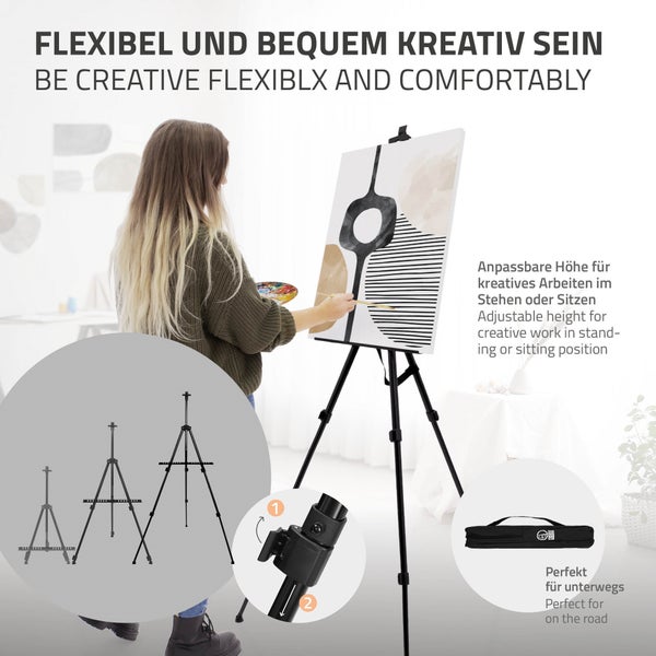 ECD Germany 140tlg XXL Malset mit Staffelei, Künstler Set Acryl & Zeichenset - Buntstifte, Leinwand, Pinselset, Wasserfarben, Pastellkreide, Aluminium Standstaffelei, Malerei Set mit Atelierstaffelei