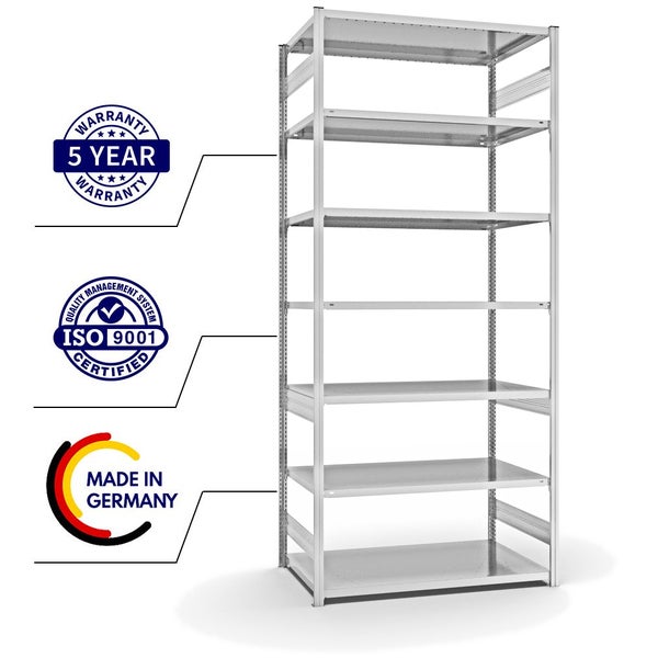 PROREGAL Fachbodenregal Stecksystem T-Profil Medium-Duty Grundregal HxBxT 300 x 130 x 80 cm 7 Ebenen Fachlast 240 kg Beidseitig Nutzbar Lichtgrau