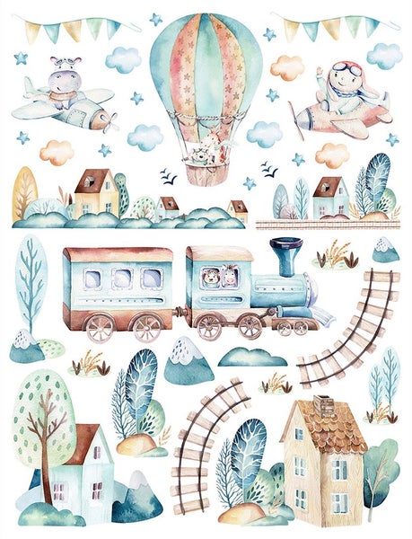 Kinder Wandtattoo Set mit Heißluftballon, Flugzeug, Zug, Häusern und Bäumen im Aquarell-Stil.