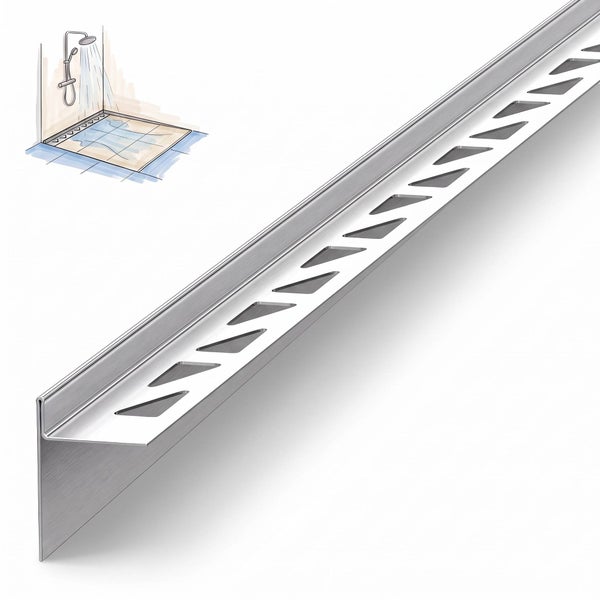 Edelstahl Duschprofil für bodengleiche Duschen mit Installationsskizze einer Dusche